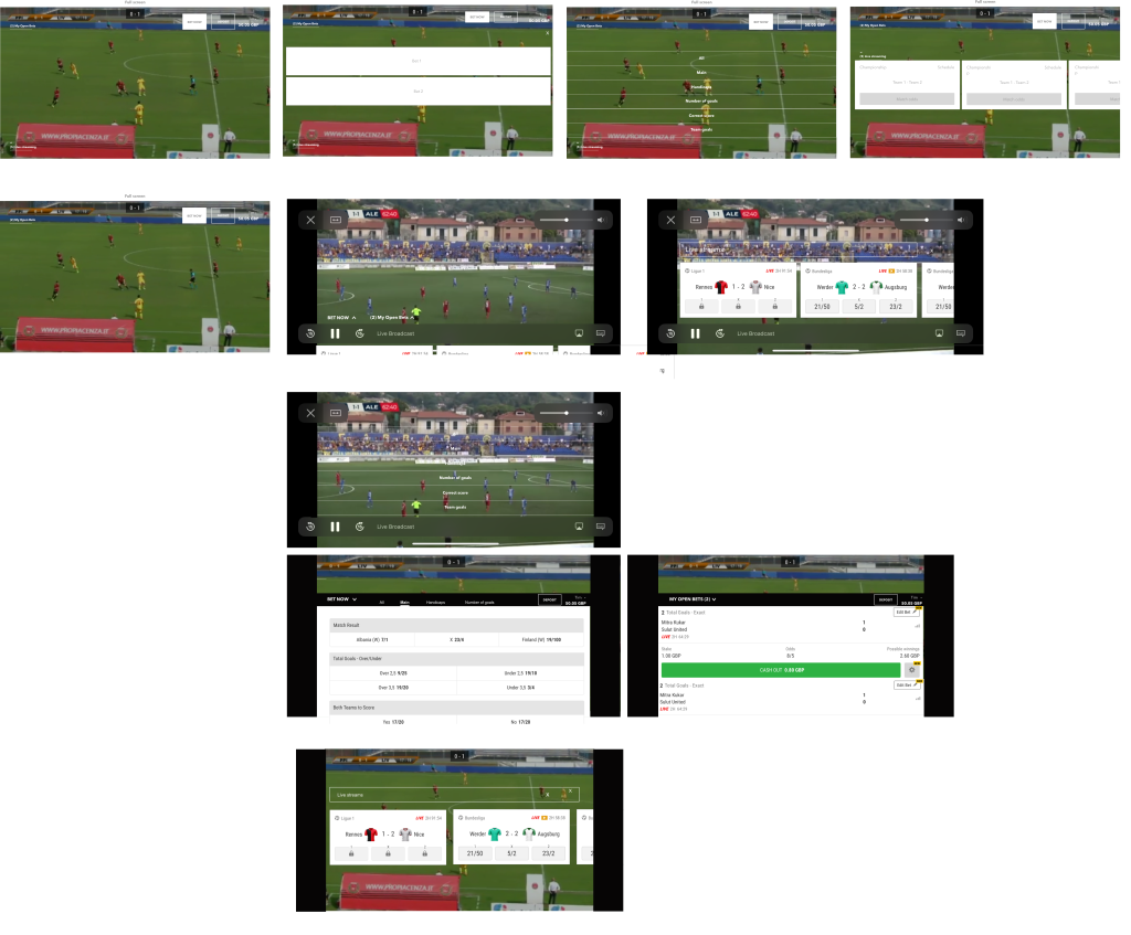 High-fidelity prototype screens showing the landscape betting experience: live stream overlays, navigation menus, betting panels, open bets view, and live stream switching
